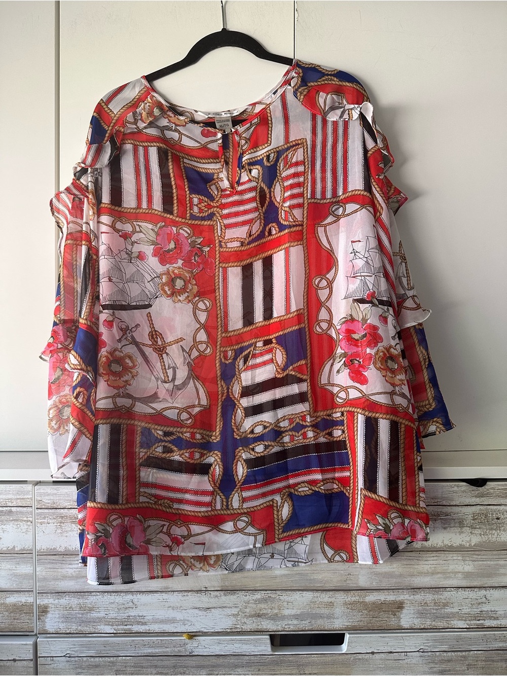 ⚓ Bianca Nygard Nautical Scarf Print Ruffle Sleeve Blouse XL